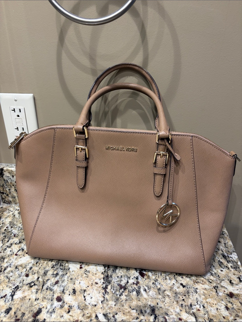 Michael Kors Taupe Saffiano Leather Satchel with Gold Hardware